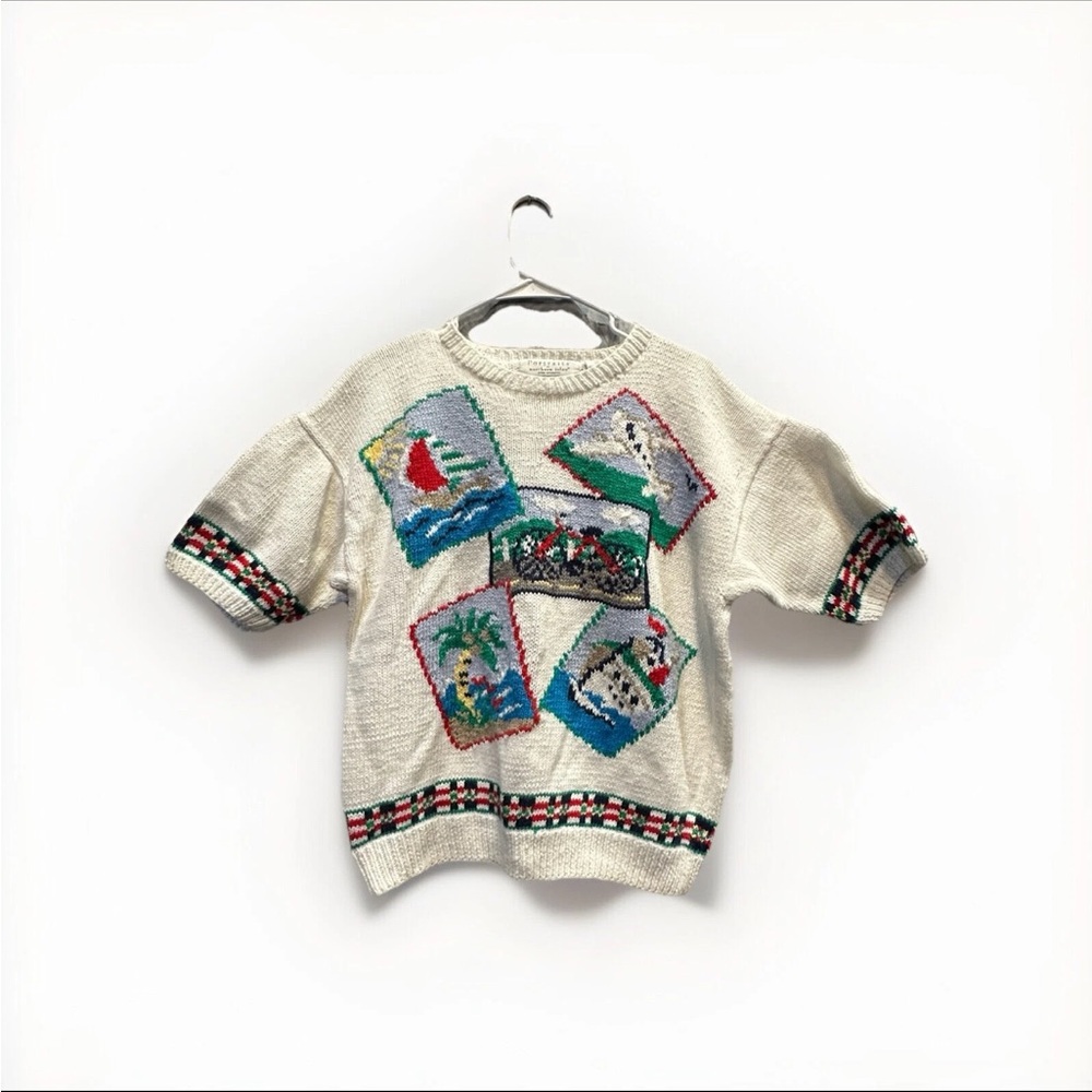 Vintage Hand Knitted Portraits Short Sleeve Sweater Size Medium FLAWS